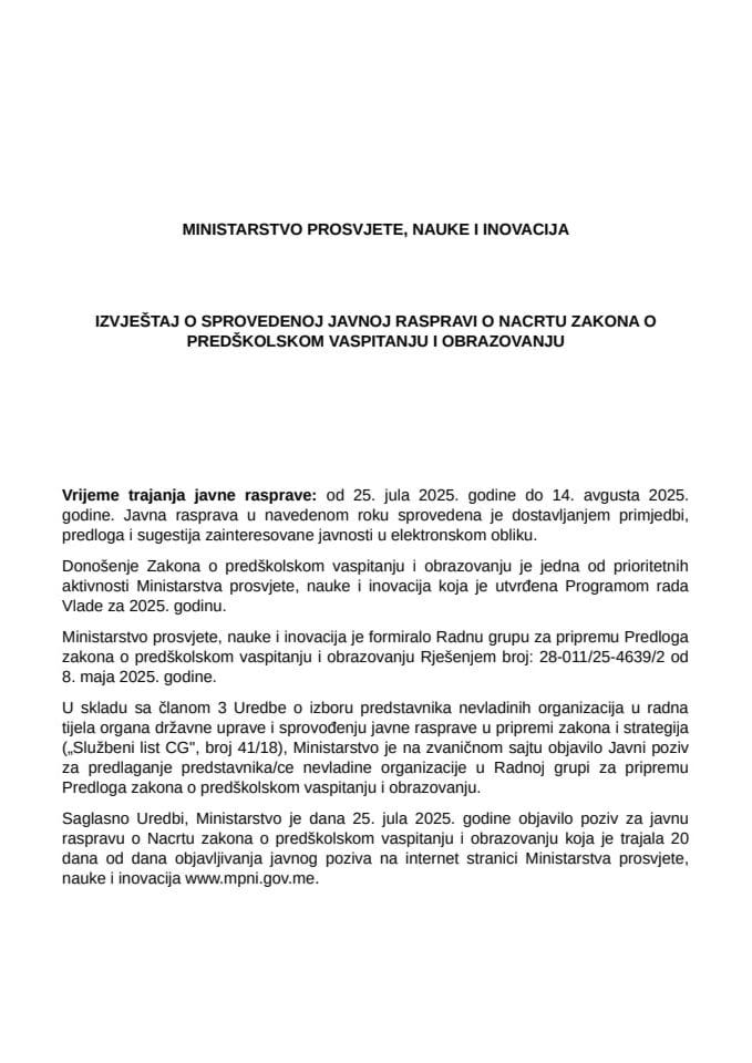 Извјештај са Јавне расправе - Нацрт закона о предшколском васпитању и образовању