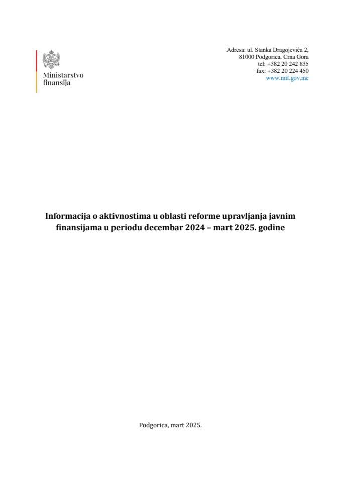 Информација о активностима у области реформе управљања јавним финансијама у периоду децембар 2024 – март 2025. године.доцx