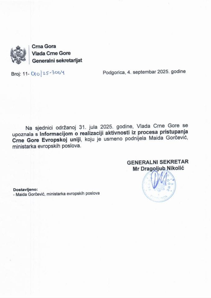 Усмена информација о реализацији активности из процеса приступања Црне Горе Европској унији - Закључци