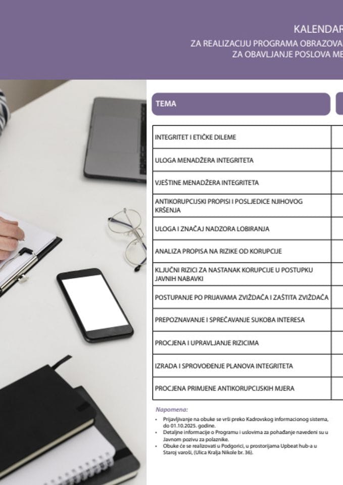 Kalendar Programa obrazovanja za sticanje ključnih vještina za obavljanje poslova menadžerake integriteta okt nov 25