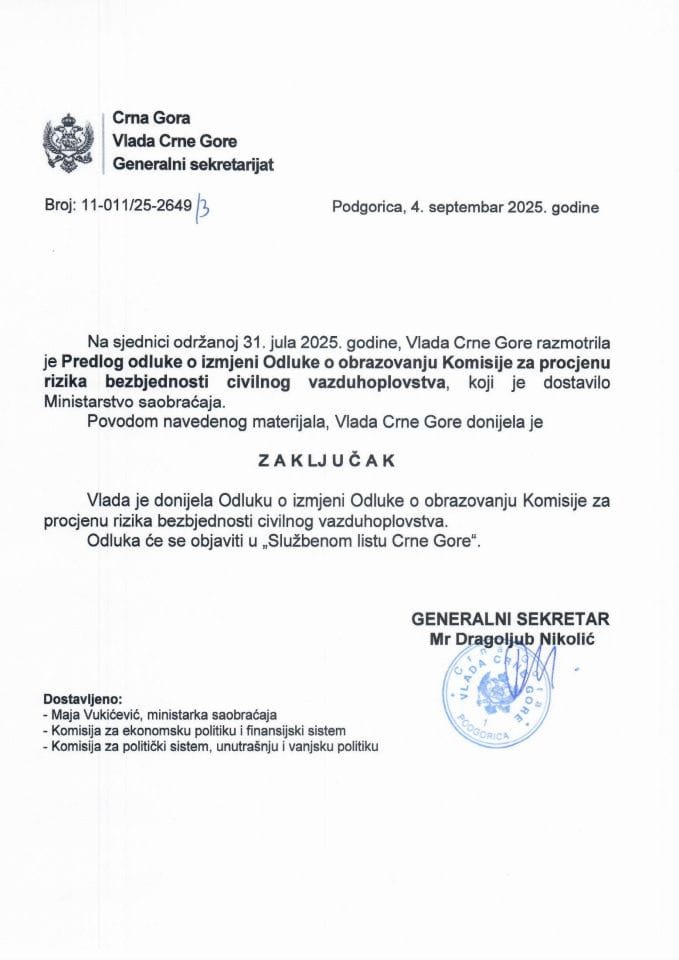 Предлог одлуке о измјени Одлуке о образовању Комисије за процјену ризика безбједности цивилног ваздухопловства - Закључци