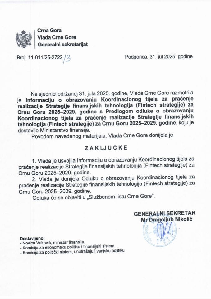 Информација о образовању Координационог тијела за праћење реализације Стратегије финансијских технологија (Fintech стратегије) за Црну Гору 2025-2029. године - Закључци