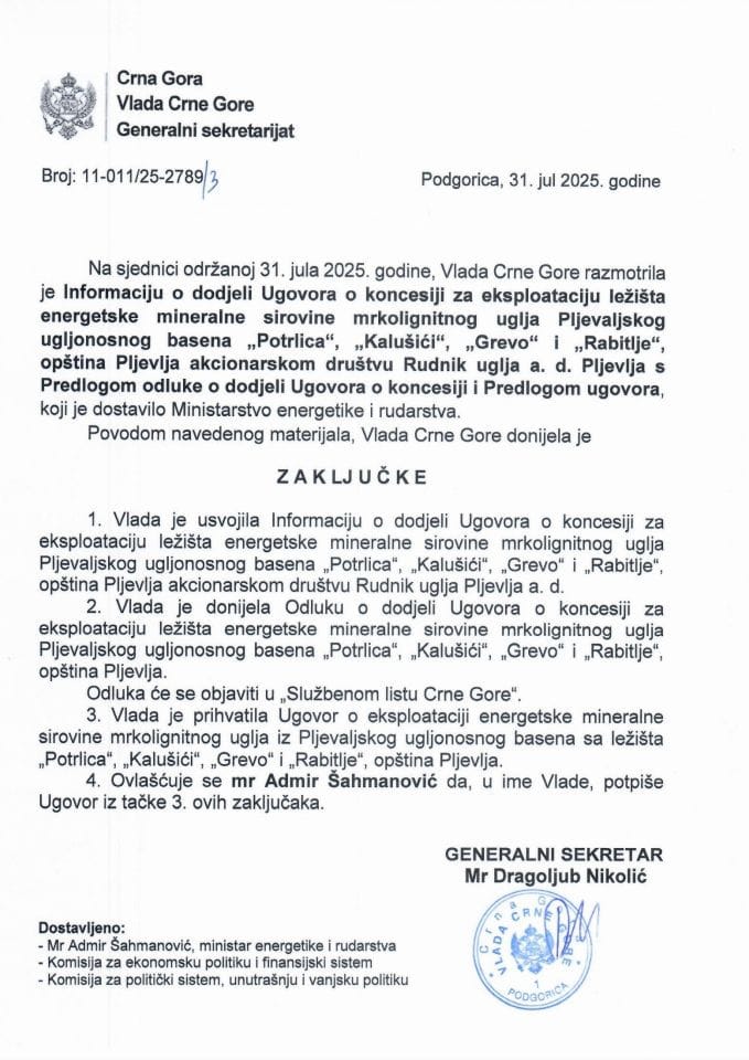 Информација о додјели Уговора о концесији за експлоатацију лежишта енергетске минералне сировине мрколигнитног угља Пљеваљског угљоносног басена „Потрлица“, „Калушићи“, „Грево“ и „Рабитље“ - Закључци
