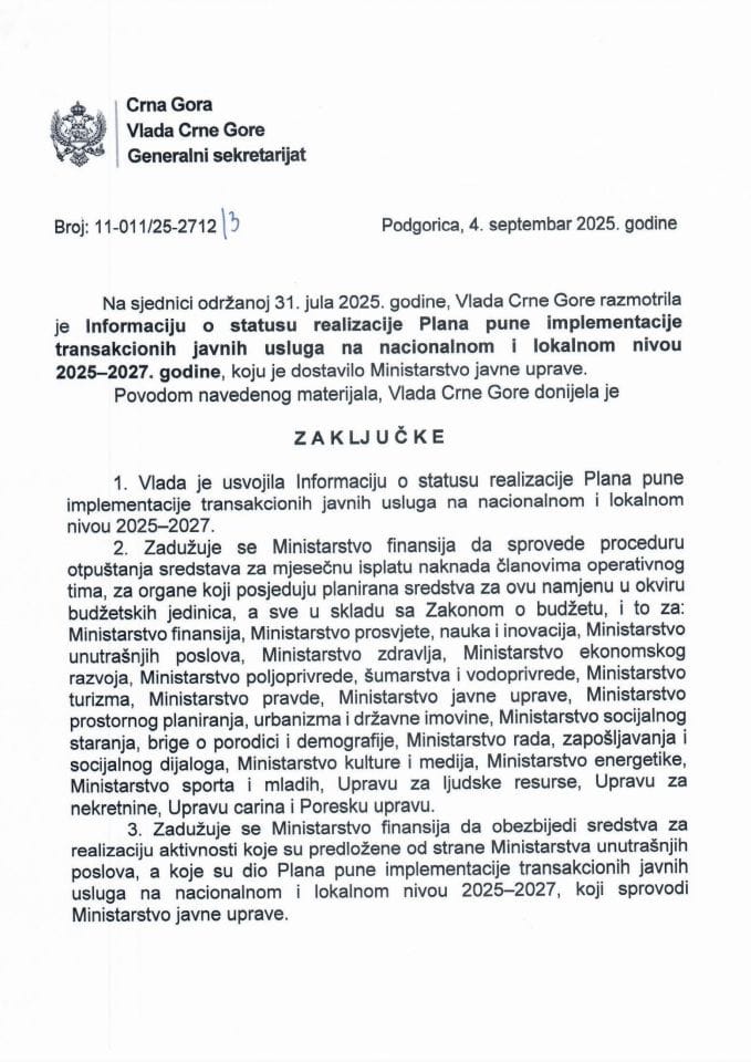 Информација о статусу реализације Плана пуне имплементације трансакционих јавних услуга на националном и локалном нивоу 2025-2027. - Закључци