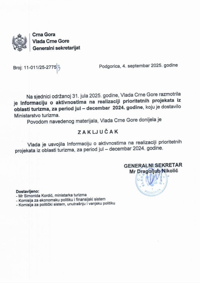 Информација о активностима на реализацији приоритетних пројеката из области туризма, за период јул – децембар 2024. године - Закључци