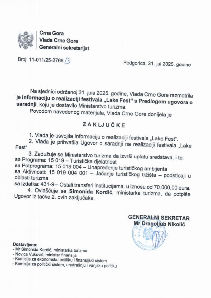 Информација о реализацији фестивала „Lake Fest“ с Предлогом уговора о сарадњи - Закључци