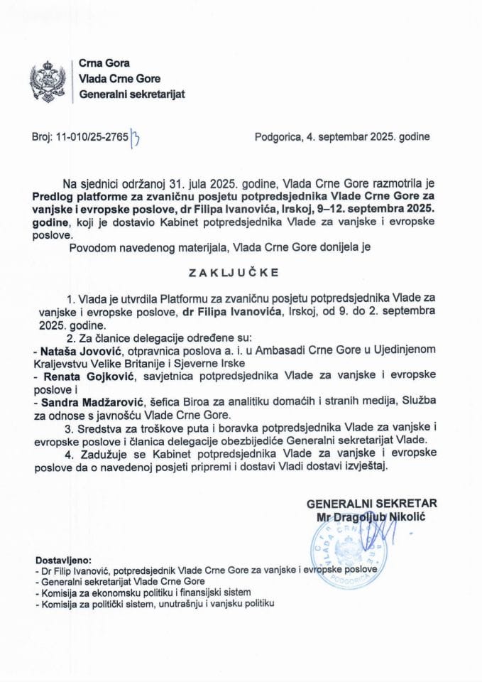 Предлог платформе за званичну посјету потпредсједника Владе Црне Горе за вањске и европске послове др Филипа Ивановића Ирској, 9-12. септембра 2025. године - Закључци