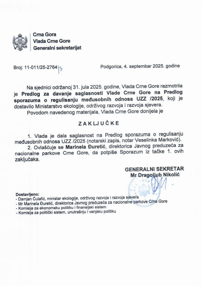 Предлог за давање сагласности Владе Црне Горе на Предлог споразума о регулисању међусобних односа УЗЗ/2025 - Закључци