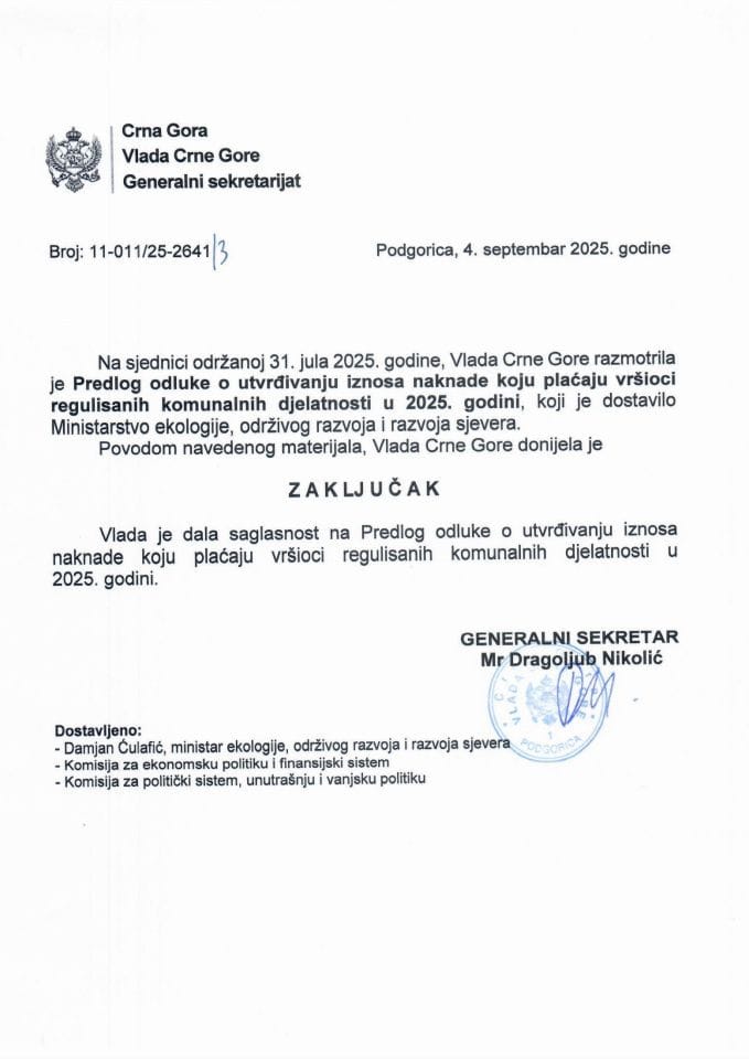 Предлог одлуке о утврђивању износа накнаде коју плаћају вршиоци регулисаних комуналних дјелатности у 2025. години - Закључци