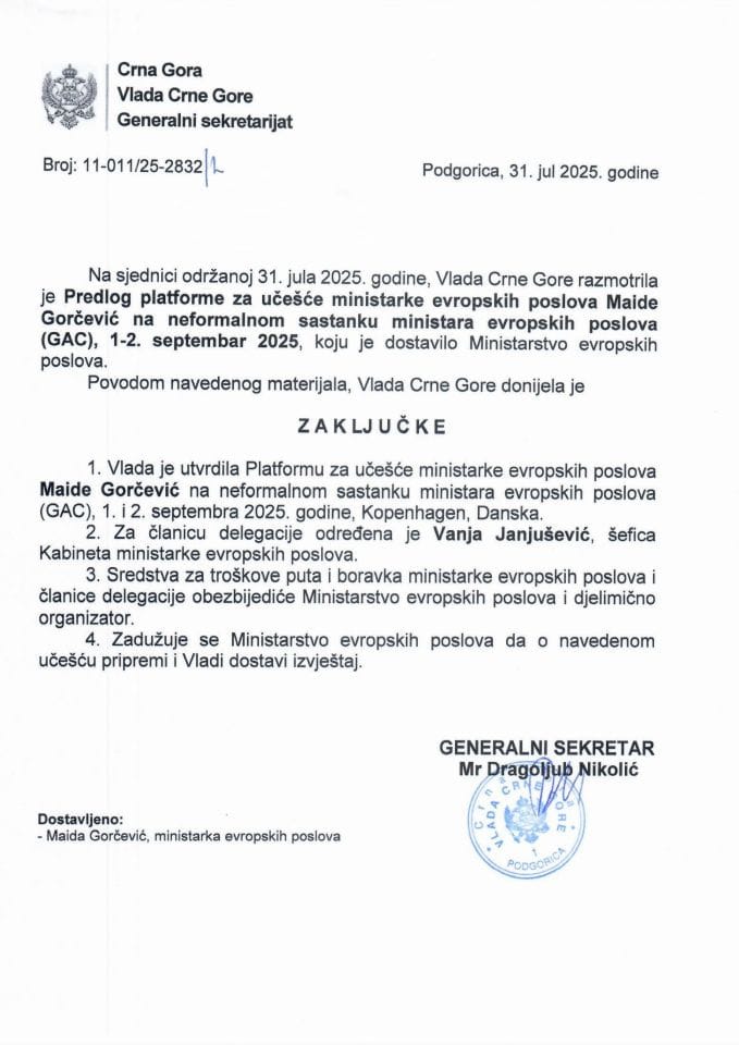 Предлог платформе за учешће министарке европских послова Маиде Горчевић на неформалном састанку министара европских послова (GAC), 1-2. септембар 2025. године, Копенхаген, Данска - Закључци