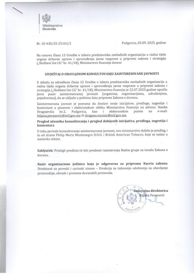 Izvještaj o obavljenom konsultovanju zainteresovane javnosti - početna faza pripreme Zakona o duvanu