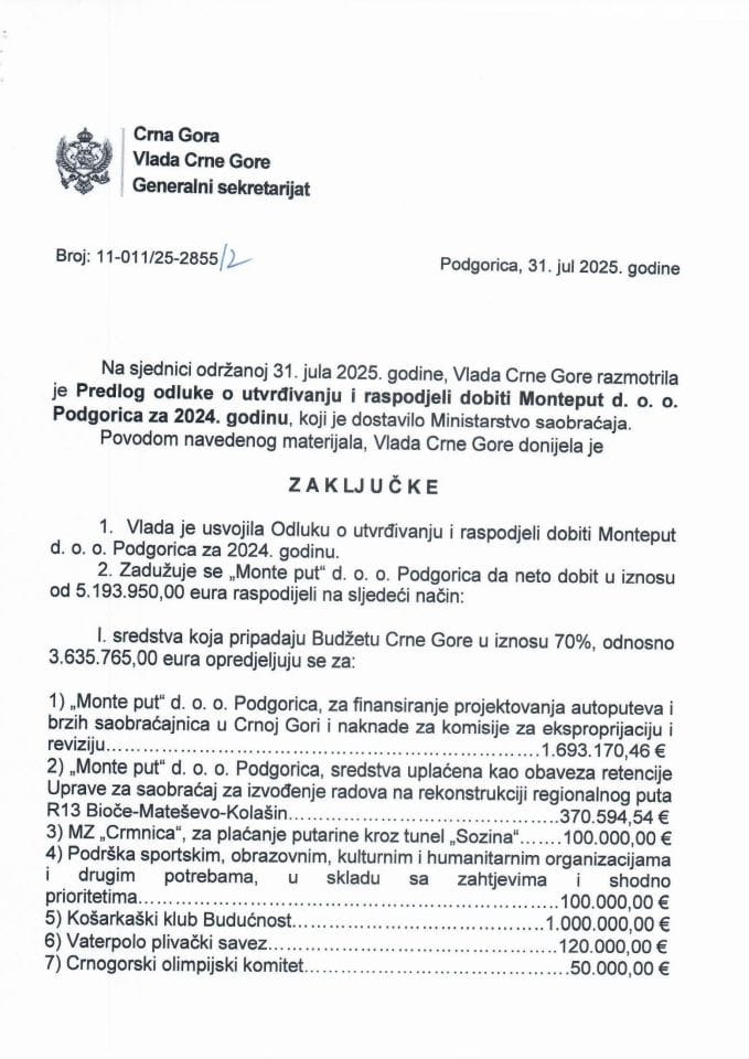 Предлог одлуке о утврђивању и расподјели добити "Монтепут" д.о.о. Подгорица за 2024. годину - Закључци