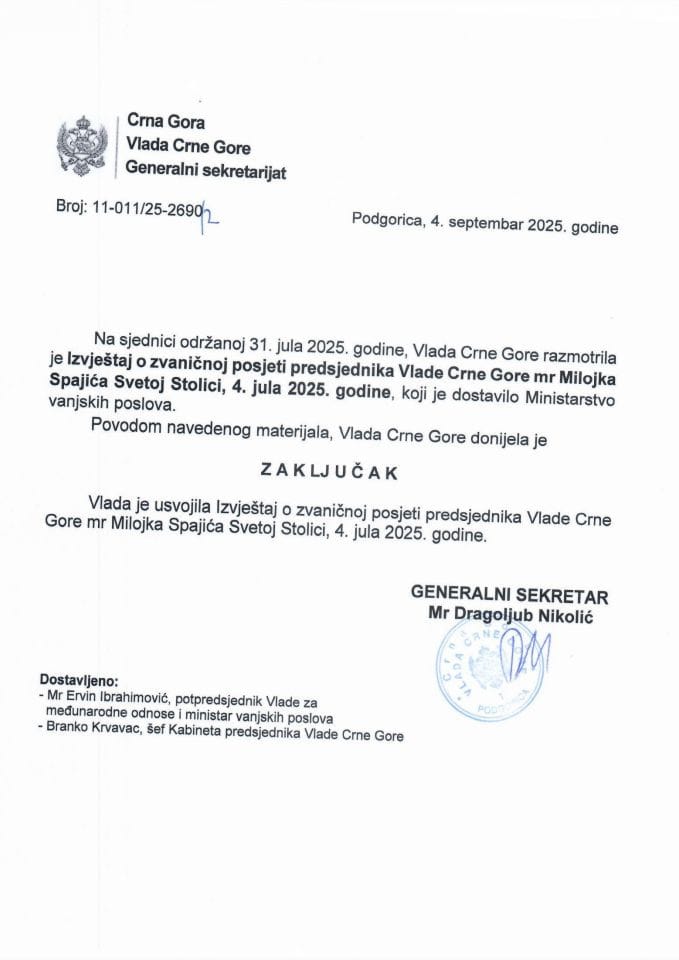 Извјештај о званичној посјети предсједника Владе Црне Горе мр Милојка Спајића Светој Столици, 4. јула 2025. године - Закључци