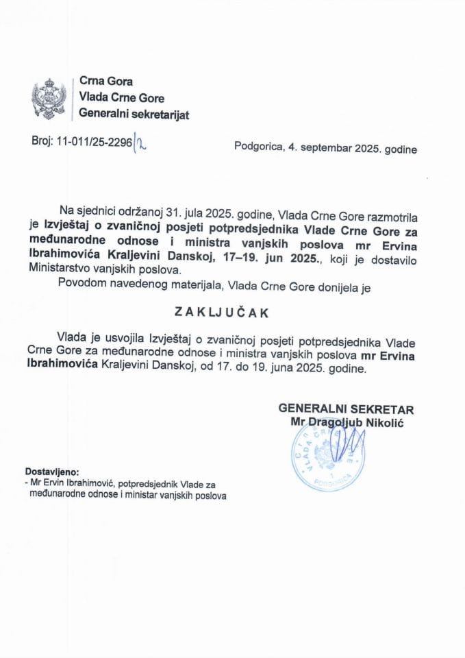 Извјештај о званичној посјети потпредсједника Владе Црне Горе за међународне односе и министра вањских послова мр Ервина Ибрахимовића Краљевини Данској, 17-19. јун 2025. - Закључци