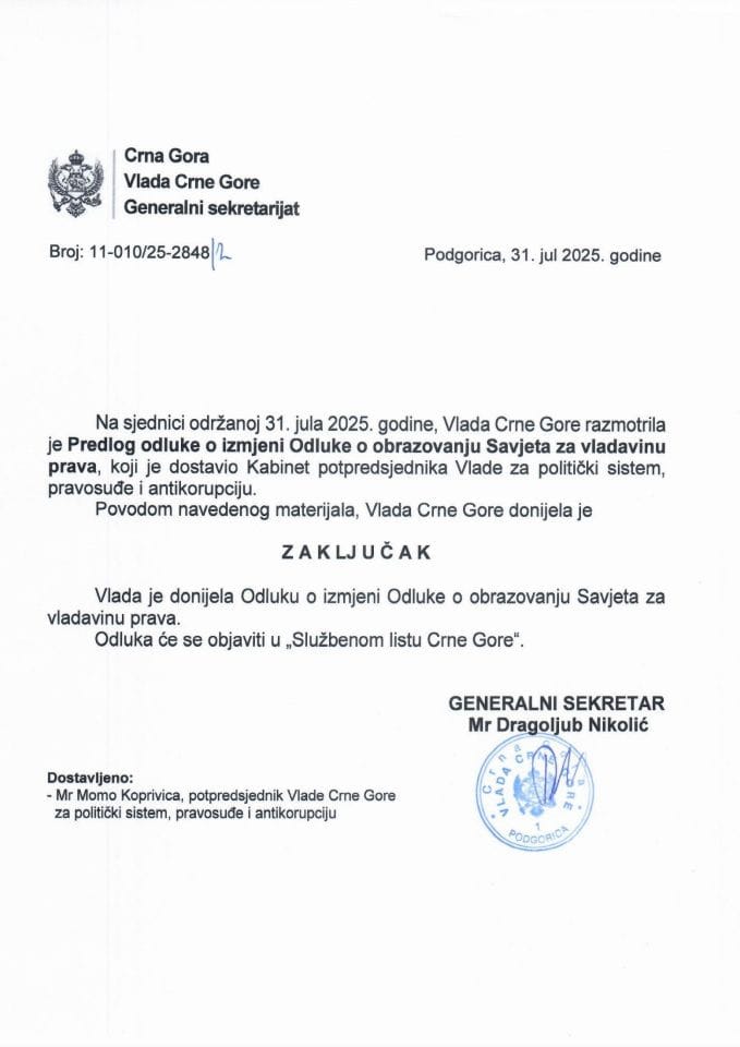 Предлог одлуке о измјени Одлуке о образовању Савјета за владавину права - Закључци