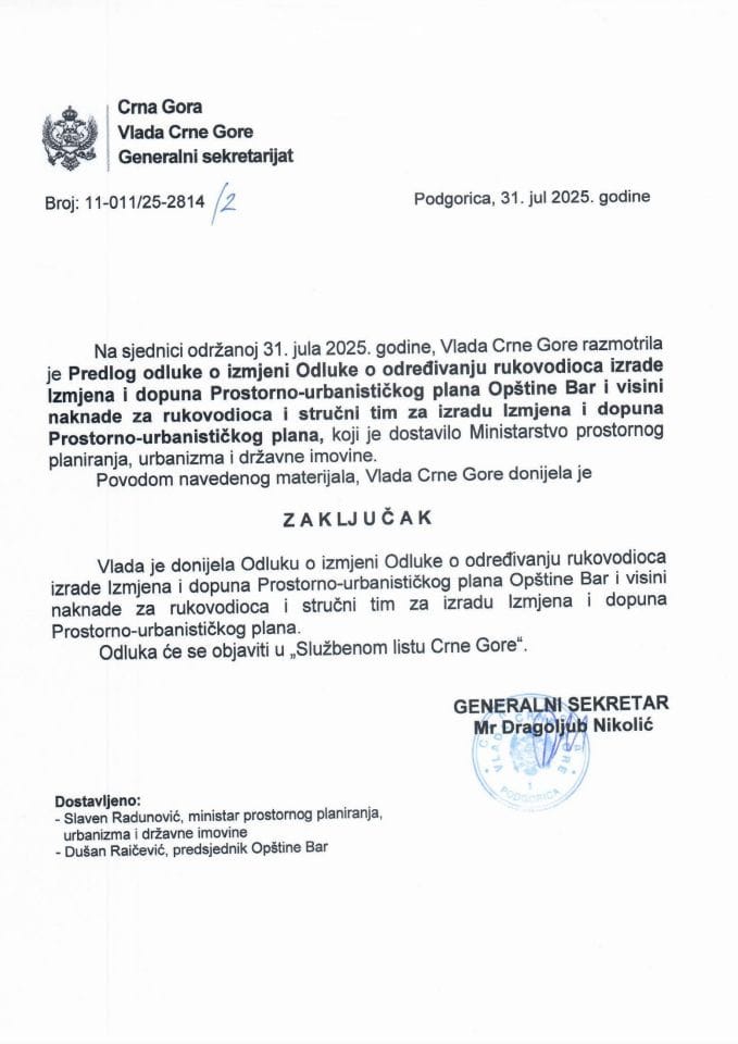 Предлог одлуке о измјени Одлуке о одређивању руководиоца израде Измјена и допуна Просторно-урбанистичког плана Општине Бар и висини накнаде за руководиоца и стручни тим за израду Измјена и допуна Просторно- урбанистичког плана - Закључци