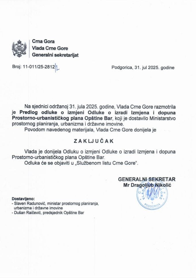 Предлог одлуке о измјени Одлуке о изради Измјена и допуна Просторно- урбанистичког плана Општине Бар - Закључци