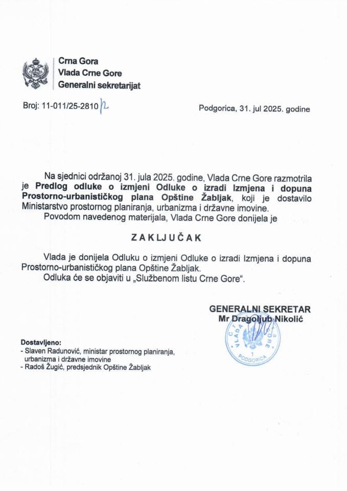 Предлог одлуке о измјени Одлуке о изради Измјена и допуна Просторно- урбанистичког плана Општине Жабљак - Закључци