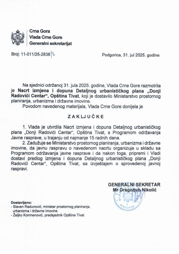 Нацрт измјена и допуна Детаљног урбанистичког плана "Доњи Радовићи Центар ", општина Тиват - Закључци