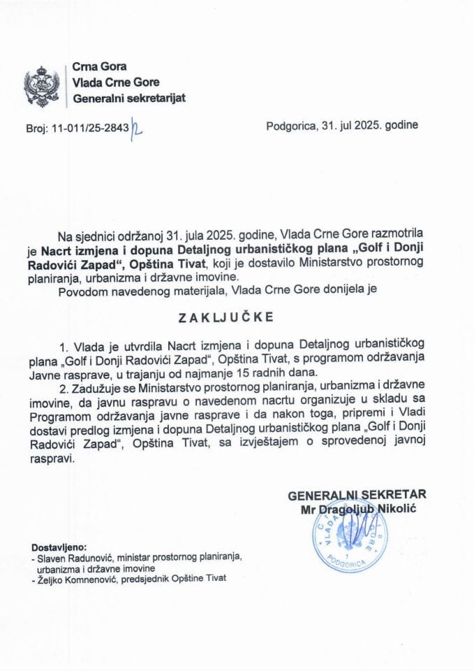 Нацрт измјена и допуна Детаљног урбанистичког плана "Голф и Доњи Радовићи Запад " , општина Тиват - Закључци