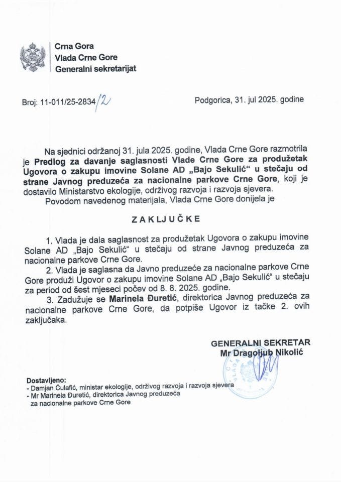 Предлог за давање сагласности Владе Црне Горе за продужетак уговора о закупу имовине Солане АД “Бајо Секулић''- у стечају од стране Јавног предузећа за националне паркове Црне Горе - Закључци