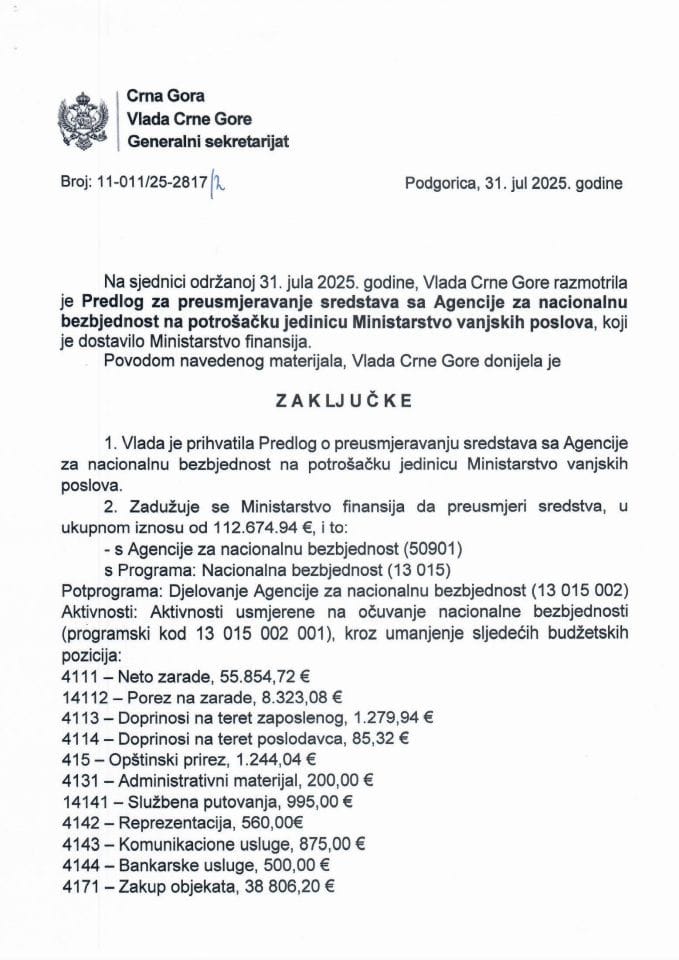 Predlog za preusmjeravanje sredstava sa Agencije za nacionalnu bezbjednost na potrošačku jedinicu Ministarstvo vanjskih poslova - Zaključci