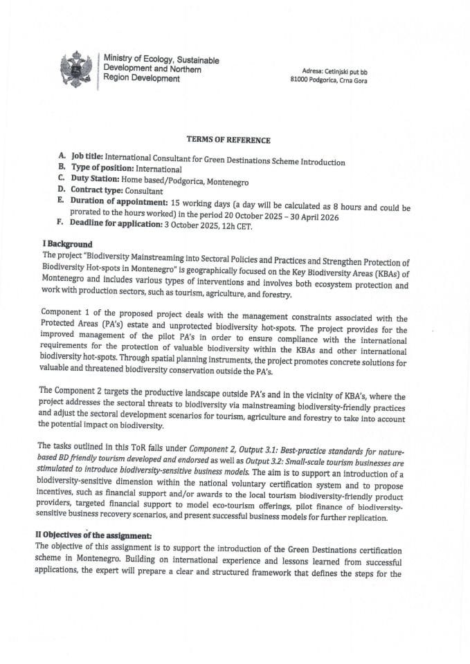 ToR International Consultant for Green Destinations Introduction GEF 7 projekta