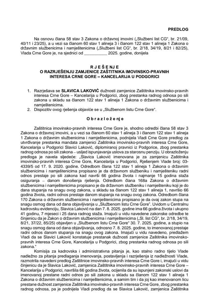 Predlog za razrješenje zamjenice Zaštitnika imovinsko-pravnih interesa Crne Gore - Kancelarija u Podgorici