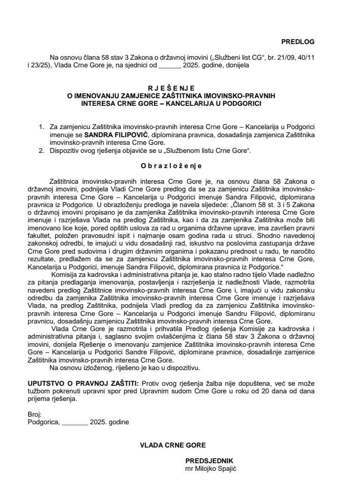 Predlog za imenovanje zamjenice Zaštitnika imovinsko-pravnih interesa Crne Gore - Kancelarija u Podgorici