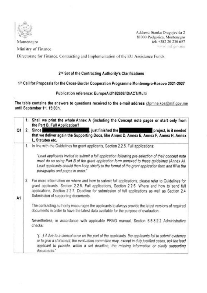 2nd Set of Clarifications - 1st CfP CBC MNE-KOS