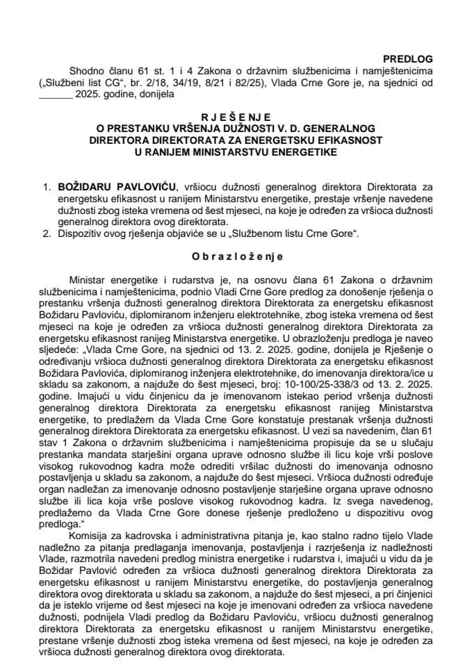 Predlog za prestanak vršenja dužnosti v. d. generalnog direktora Direktorata za energetsku efikasnost u ranijem Ministarstvu energetike