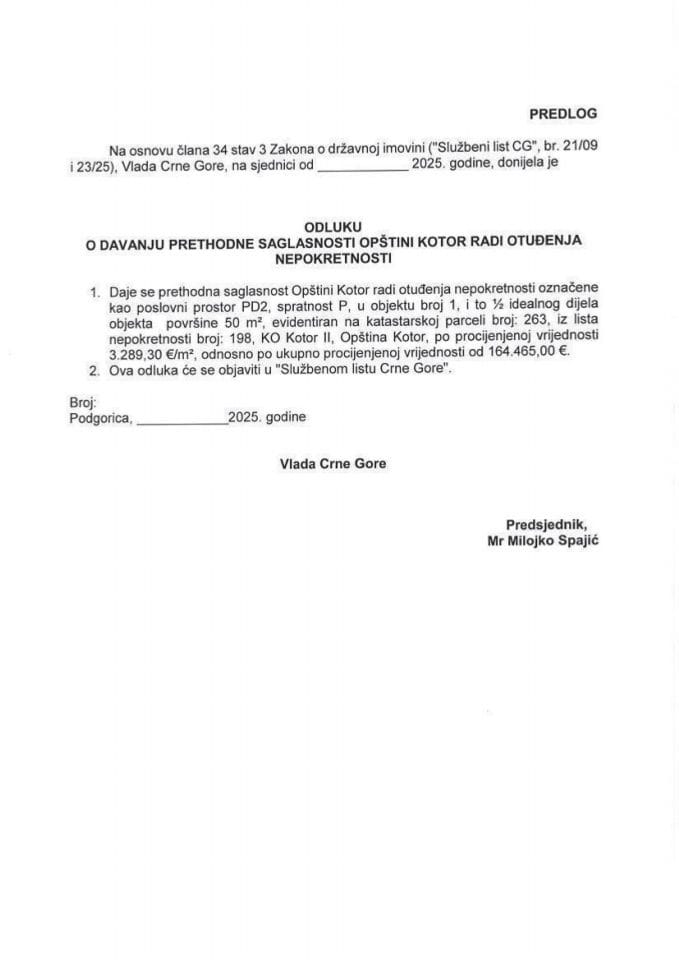 Predlog odluke o davanju prethodne saglasnosti Opštini Kotor radi otuđenja nepokretnosti