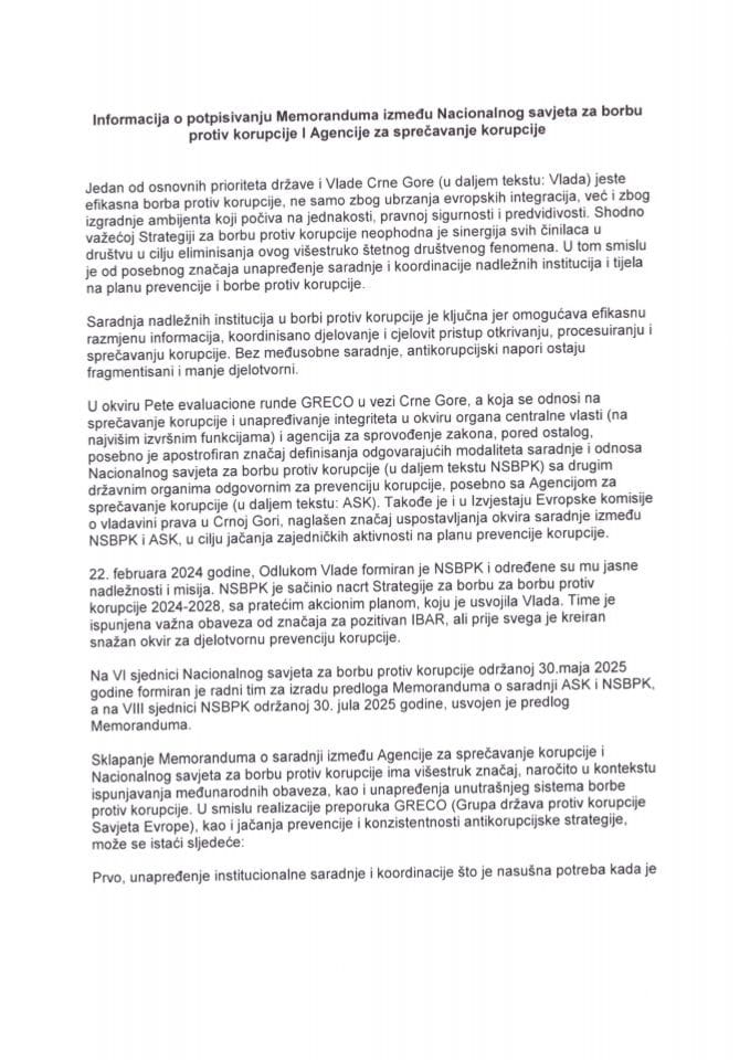 Informacija o potpisivanju Memoranduma između Nacionalnog savjeta za borbu protiv korupcije i Agencije za sprečavanje korupcije s Predlogom memoranduma