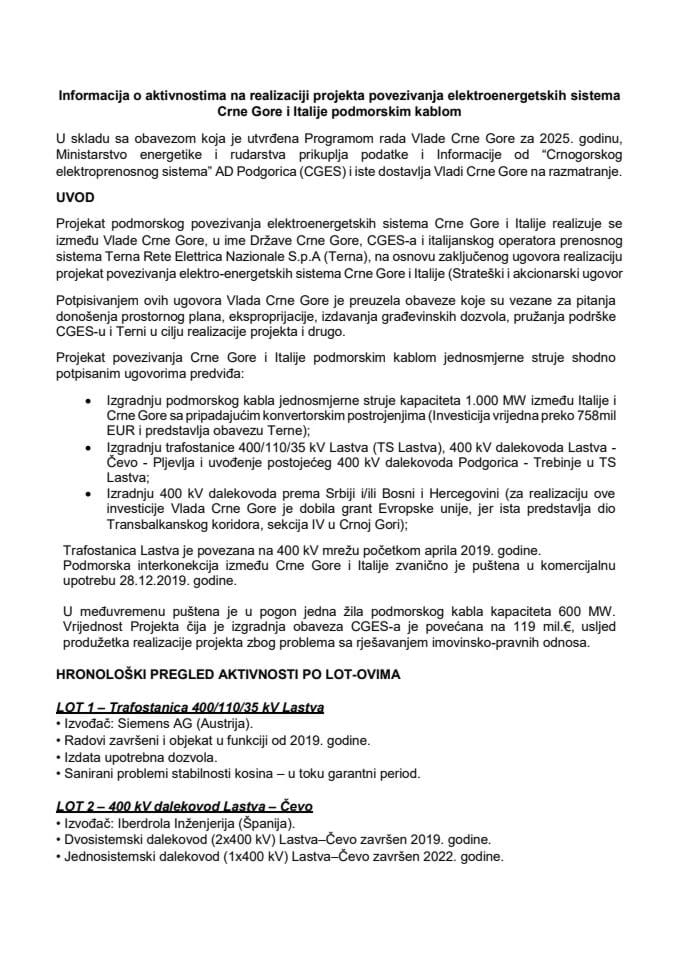 Informacija o aktivnostima na realizaciji projekta povezivanja elektroenergetskih sistema Crne Gore i Italije podmorskim kablom