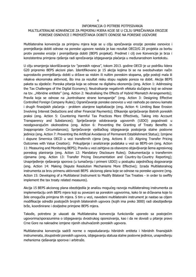 Informacija o potrebi potpisivanja Multilateralne konvencije za primjenu mjera koje se u cilju sprečavanja erozije poreske osnovice i premještanja dobiti odnose na poreske ugovore s Predlogom multilateralne konvencije za primjenu mjera