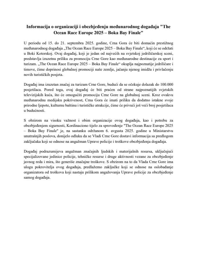 Informacija o organizaciji i obezbjeđenju međunarodnog događaja „The Ocean Race Europe 2025 - Boka Bay Finale“