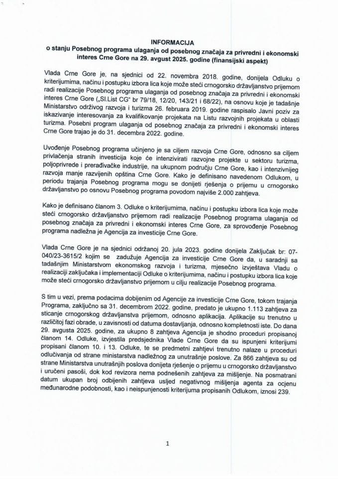 Informacija o stanju Posebnog programa ulaganja od posebnog značaja za privredni i ekonomski interes Crne Gore na dan 29. avgust 2025. godine (finansijski aspekt)
