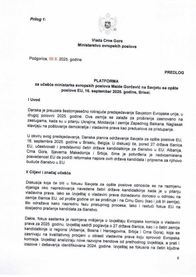 Predlog platforme za učešće ministarke evropskih poslova Maide Gorčević na Savjetu za opšte poslove EU, 16. septembar 2025. godine, Brisel