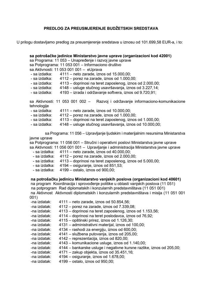 Predlog za preusmjerenje budžetskih sredstava sa potrošačke jedinice Ministarstvo javne uprave na potrošačku jedinicu Ministarstvo vanjskih poslova