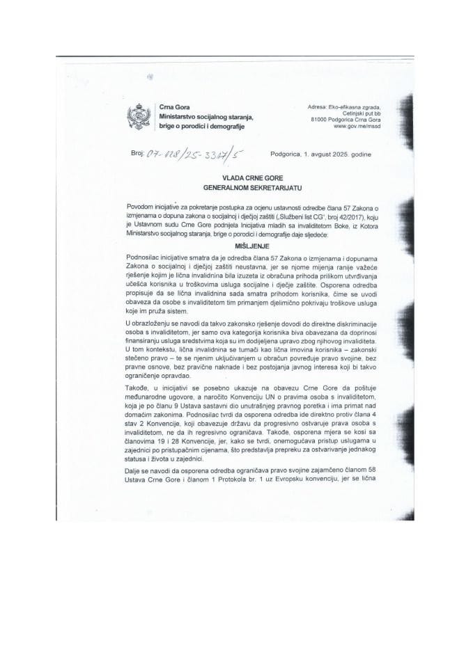 Predlog mišljenja na Inicijativu za pokretanje postupka za ocjenu ustavnosti odredbe člana 57 Zakona o izmjenama i dopunama Zakona o socijalnoj i dječjoj zaštiti („Službeni list CG“, broj 42/17), koju je podnijela Inicijativa mladih sa invaliditetom Boke