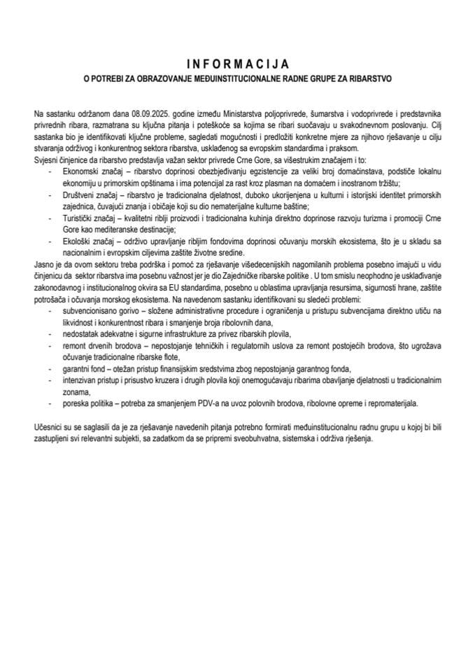 Informcija o potrebi za obrazovanje međuinstitucionalne radne grupe za ribarstvo