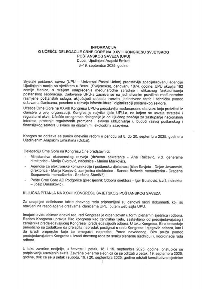 Informacija o učešću delegacije Crne Gore na XXVIII kongresu Svjetskog poštanskog saveza UPU), Dubai, Ujedinjeni Arapski Emirati, 8-19. septembar 2025. godine