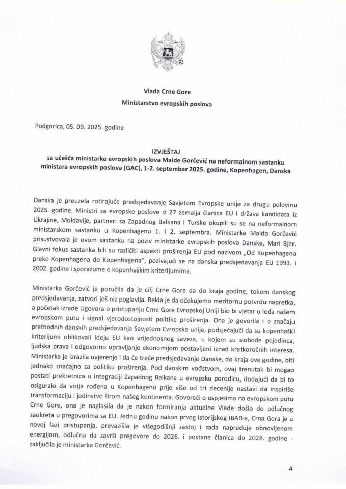 Izvještaj sa učešća ministarke evropskih poslova Maide Gorčević na neformalnom sastanku ministara evropskih poslova (GAC), 1-2. septembar 2025. godine, Kopenhagen, Danska