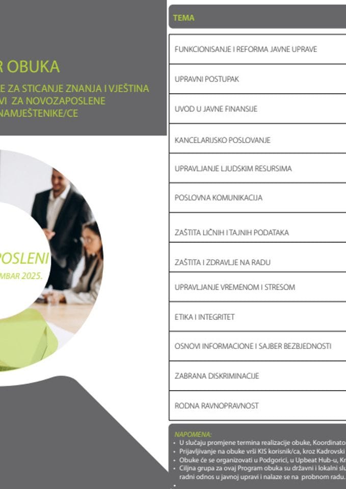 Kalendar obuka za realizaciju programa za novozaposlene okt - dec 2025