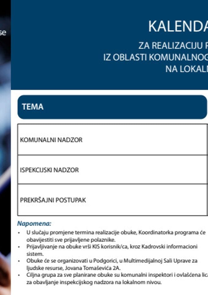 Kalendar obuka za realizaciju programa obuke iz oblasti komunalnog inspekcijskog nadzora na lokalnom nivou2025