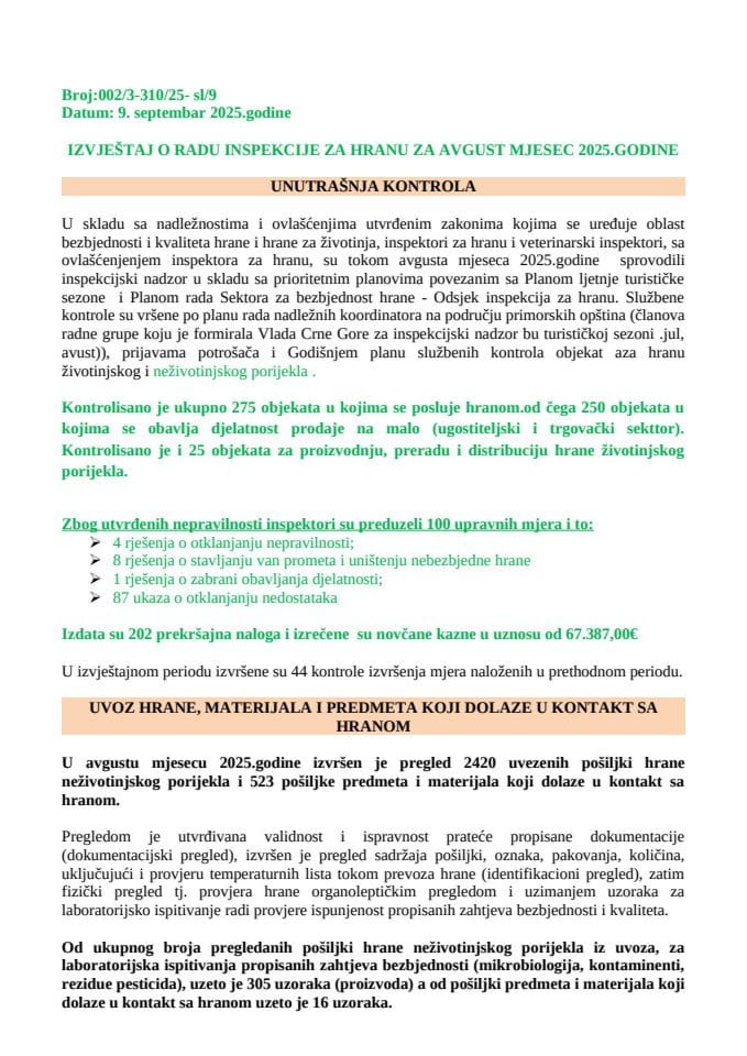 Izvještaj o radu inspekcije za hranu - avgust 2025.