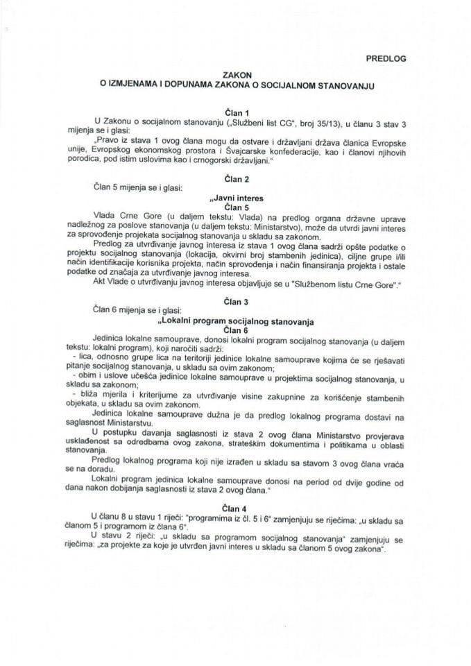 Predlog zakona o izmjenama i dopunama Zakona o socijalnom stanovanju