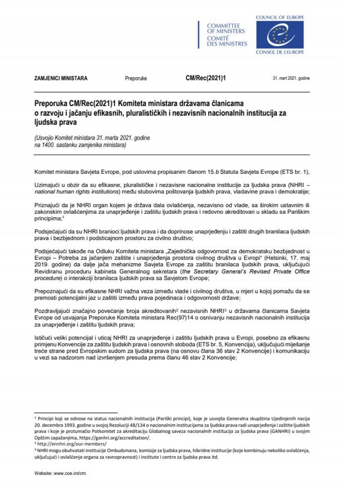Preporuka CM_Rec(2021)1 Komiteta ministara državama članicama o jačanju efikasnih, pluralističkih i nezavisnih nacionalnih institucija za ljudska prava