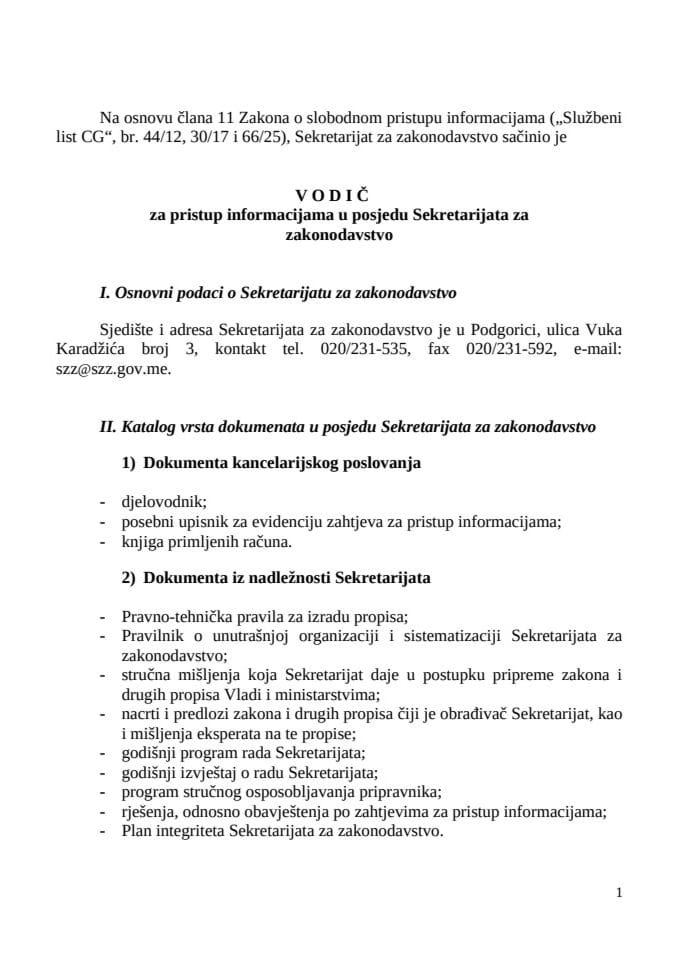 Vodič za pristup informacijama u posjedu Sekretarijata za zakonodavstvo 16.9.2025.
