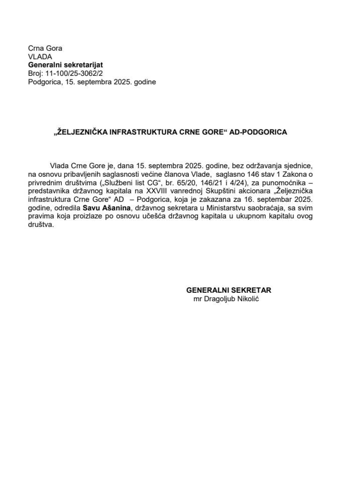Предлог за одређивање пуномоћника - представника државног капитала на XXVIII ванредној Скупштини акционара ,,Жељезничка инфраструктура Црне Горе" АД